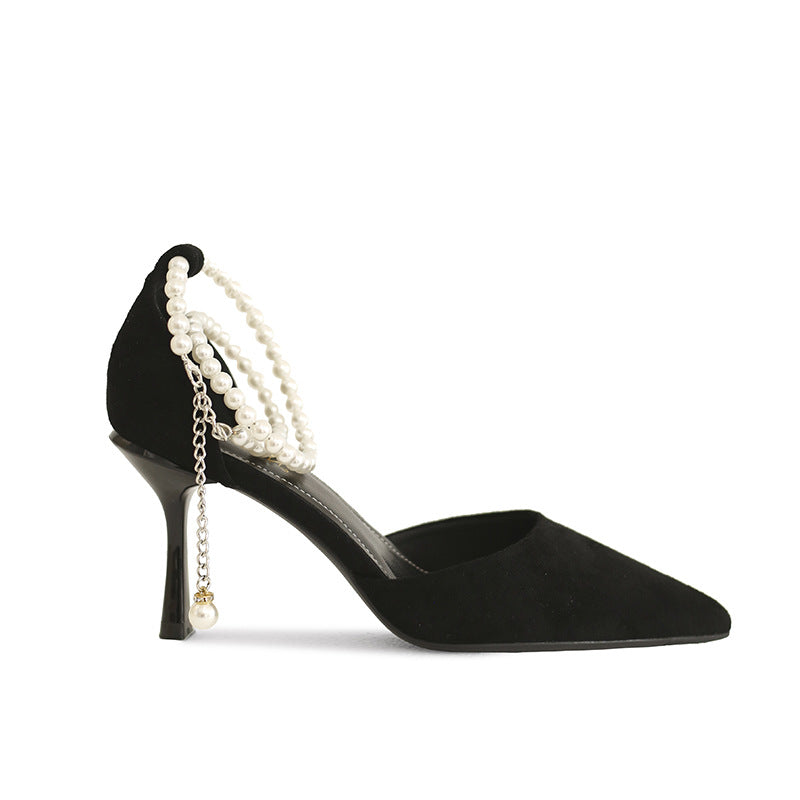 Black 8cm high heels pearl buckle strap shoes