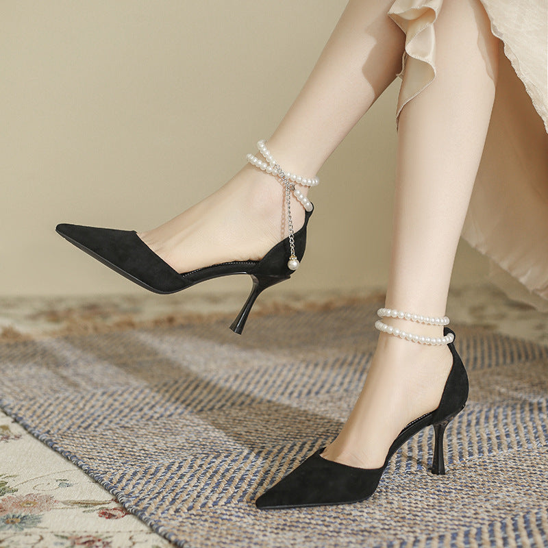 Black 8cm high heels pearl buckle strap shoes