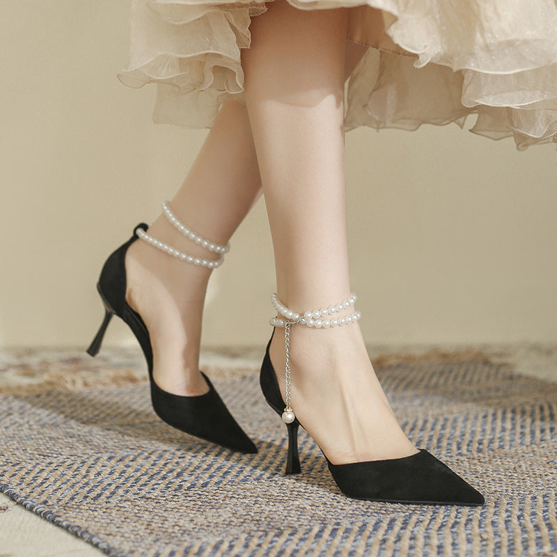 Black 8cm high heels pearl buckle strap shoes