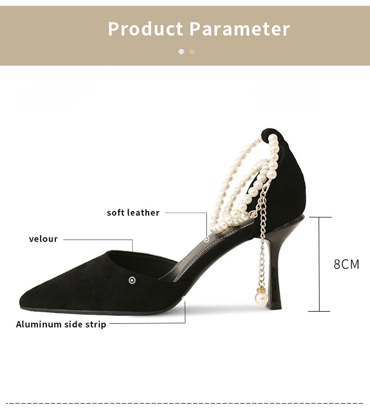 Black 8cm high heels pearl buckle strap shoes