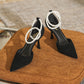 Black 8cm high heels pearl buckle strap shoes